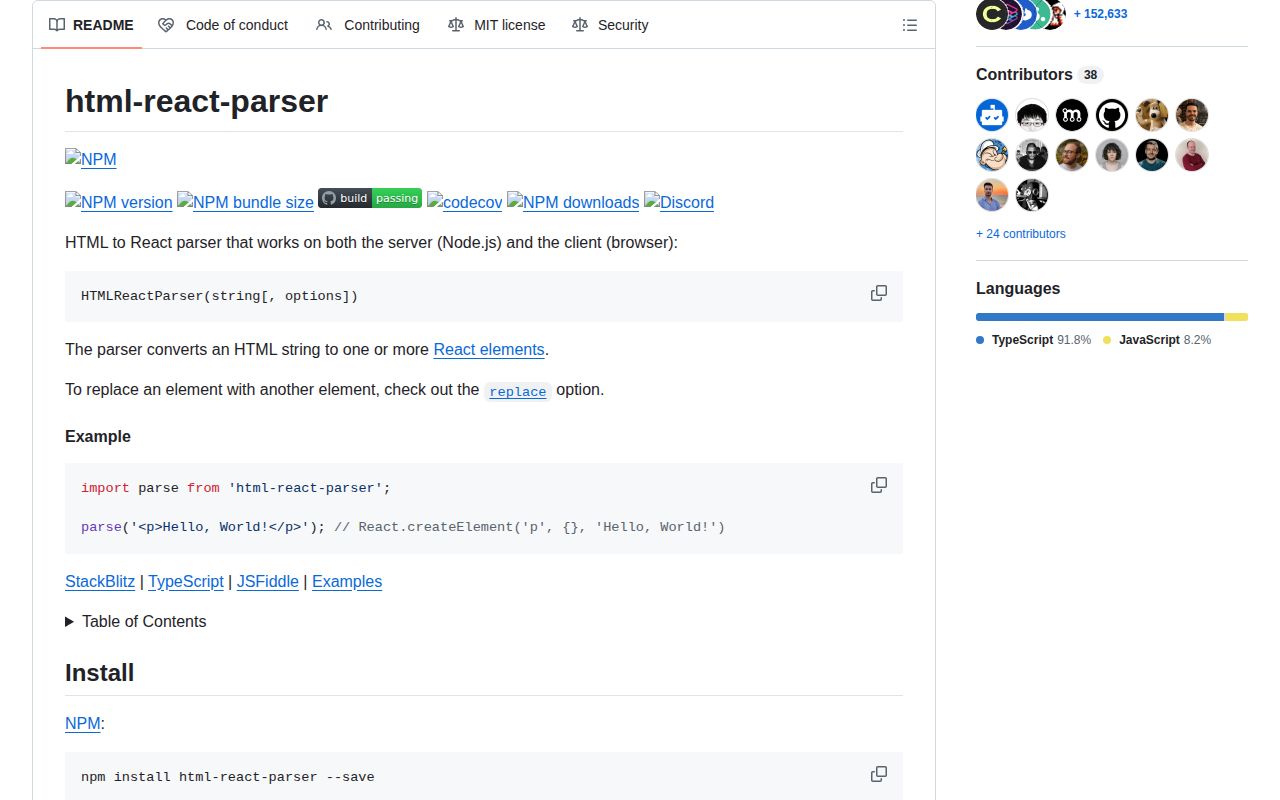 Screenshot of html-react-parser documentation