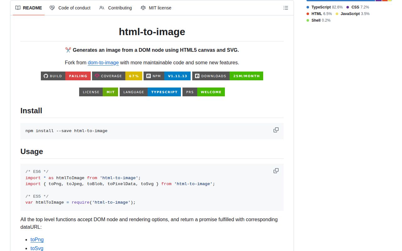 Screenshot of html-to-image documentation