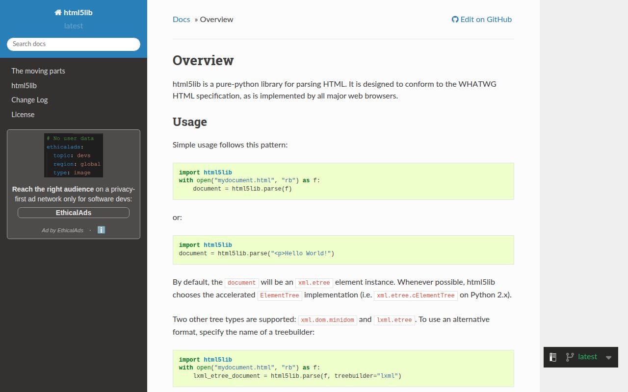 Screenshot of html5lib documentation