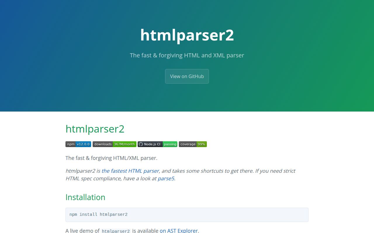 Screenshot of htmlparser2 documentation