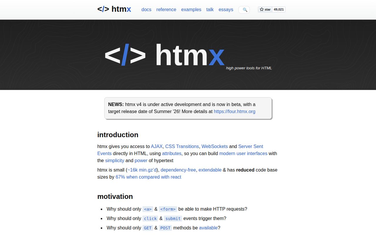 Screenshot of htmx (htmx.org)
