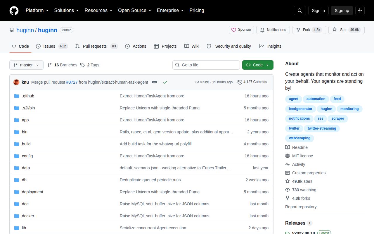 Screenshot of huginn (github.com/huginn/huginn)
