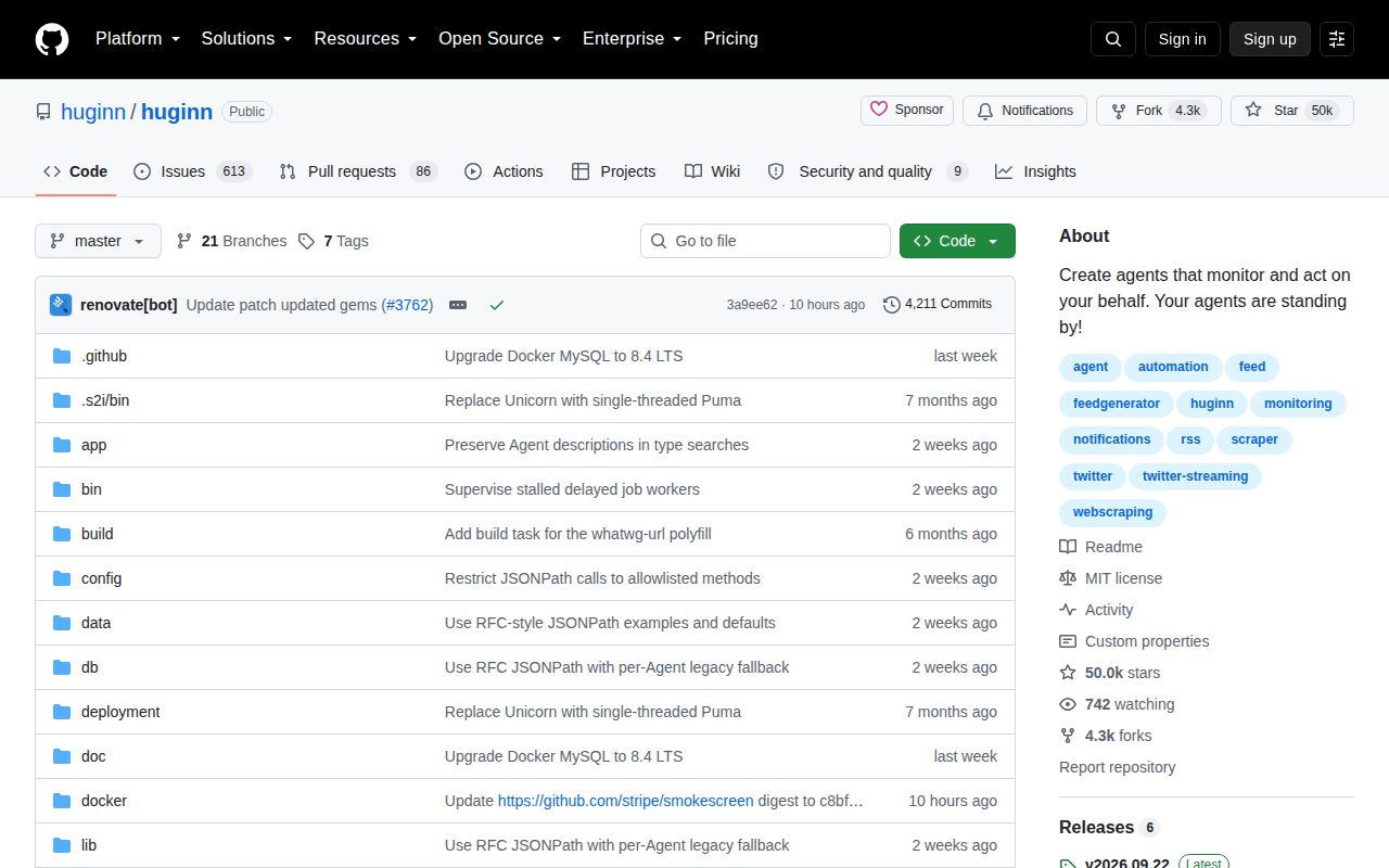 Screenshot of huginn (github.com/huginn/huginn)
