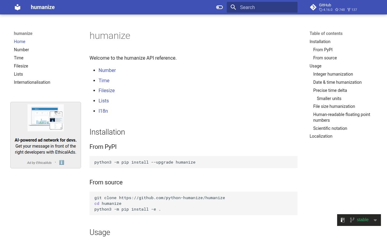 Screenshot of humanize documentation