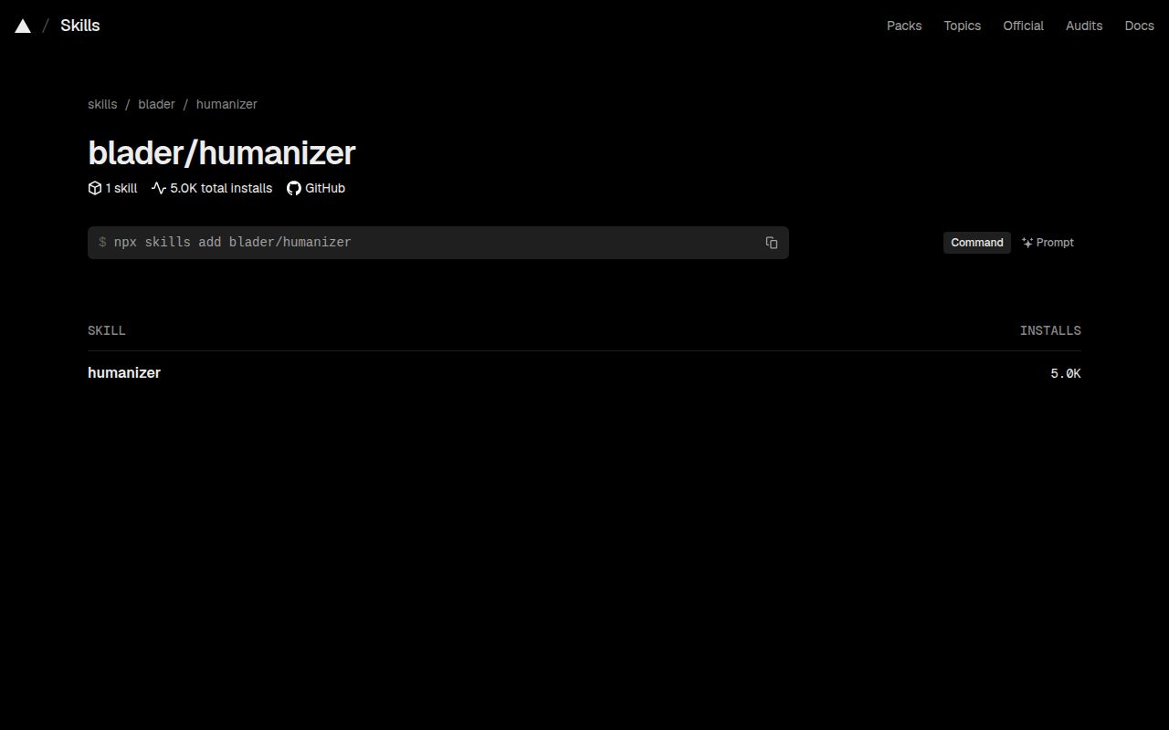 Screenshot of humanizer (skills.sh/blader/humanizer)