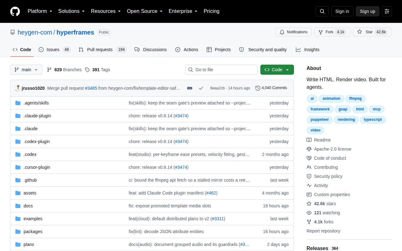 Screenshot of hyperframes (github.com/heygen-com/hyperframes)