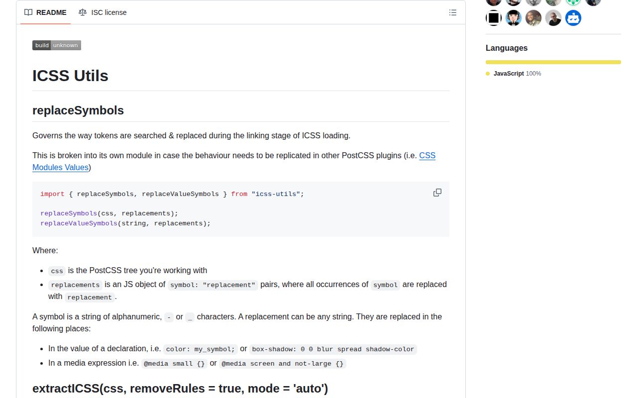 Screenshot of icss-replace-symbols documentation