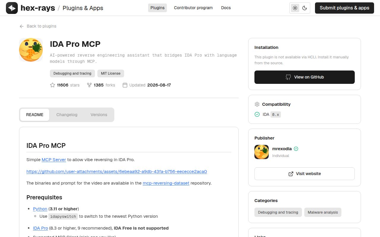Screenshot of ida-pro-mcp (plugins.hex-rays.com/mrexodia/ida-pro-mcp)