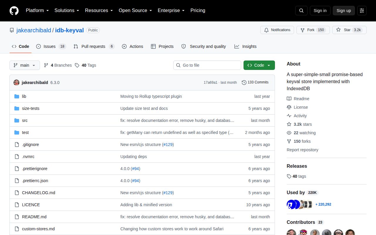 Screenshot of idb-keyval documentation