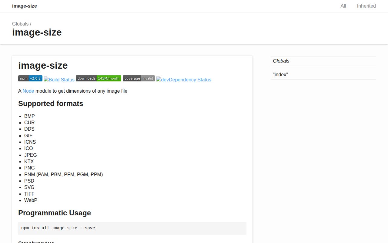 Screenshot of image-size documentation