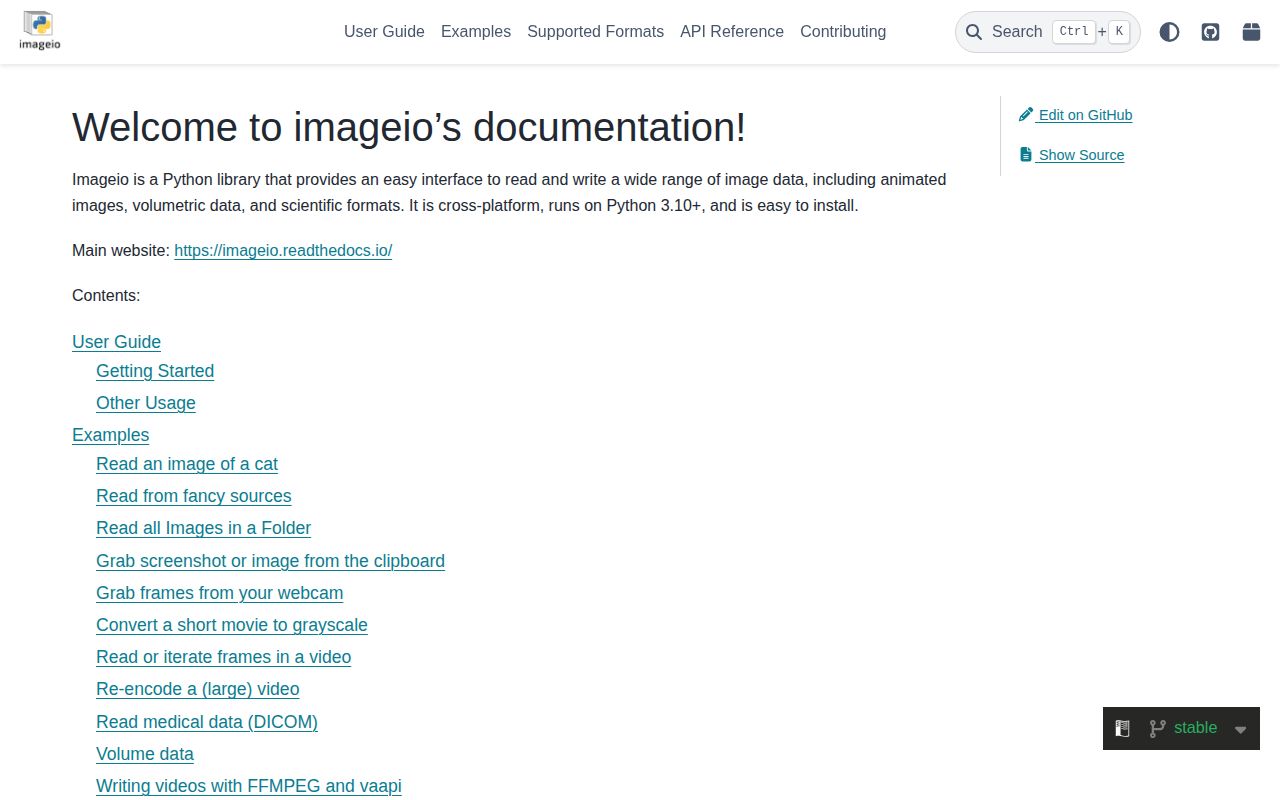 Screenshot of imageio documentation