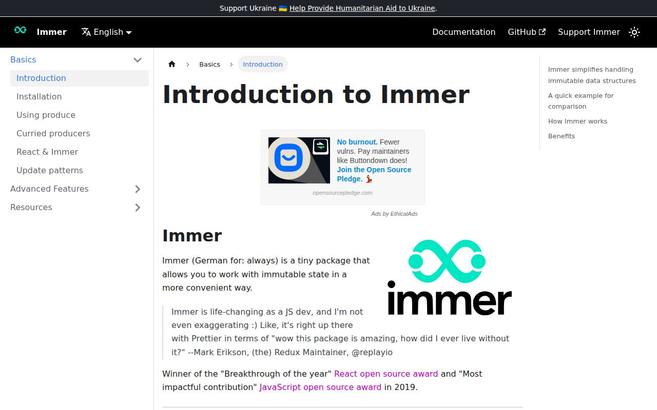 Screenshot of immer (immerjs.github.io/immer)