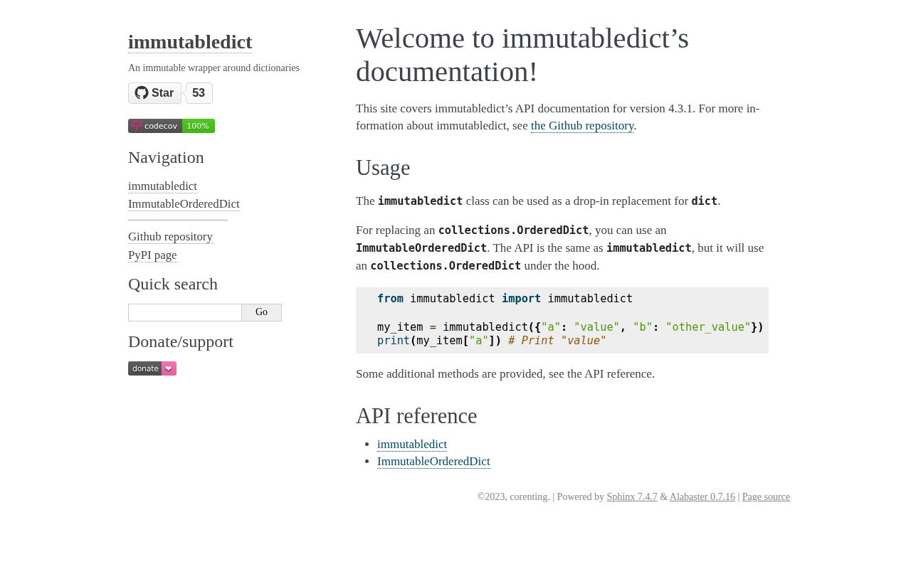 Screenshot of immutabledict documentation