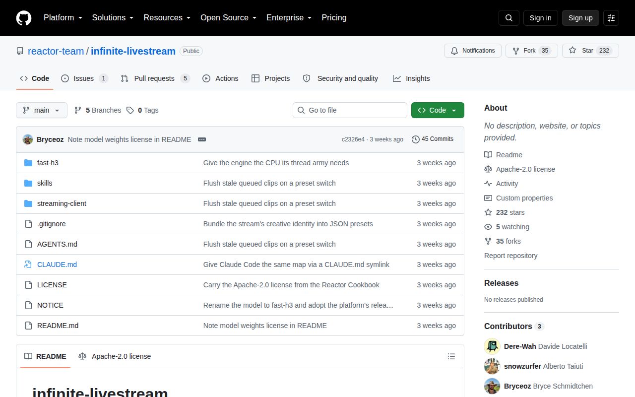 Screenshot of infinite-livestream (github.com/reactor-team/infinite-livestream)