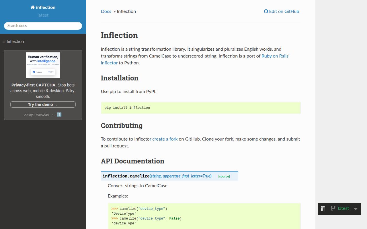 Screenshot of inflection documentation