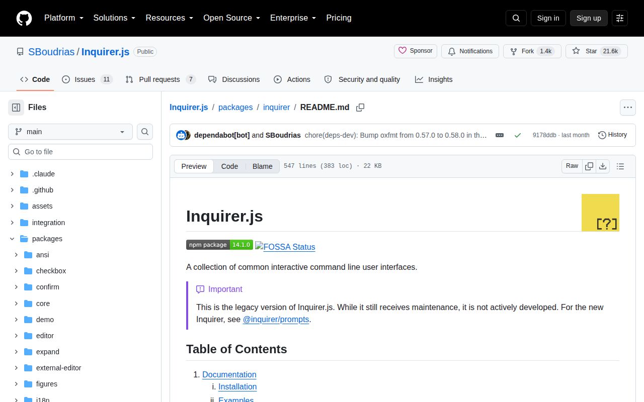 Screenshot of inquirer documentation
