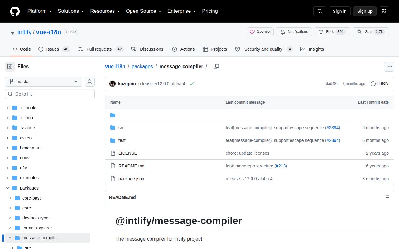 Screenshot of @intlify/message-compiler documentation