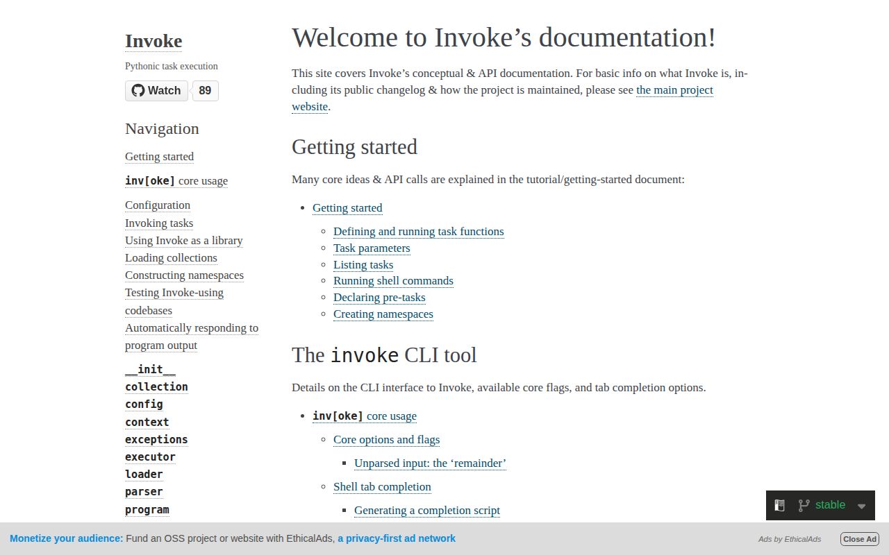 Screenshot of invoke documentation