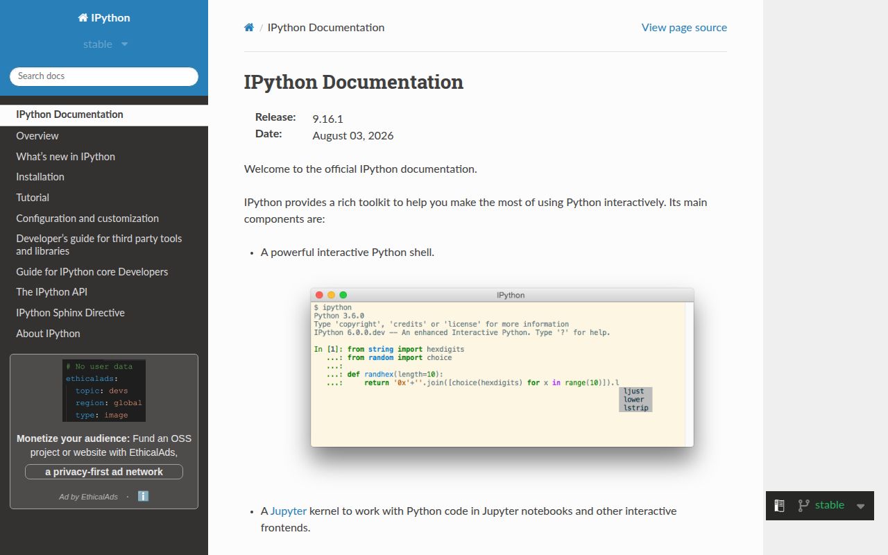 Screenshot of ipython documentation