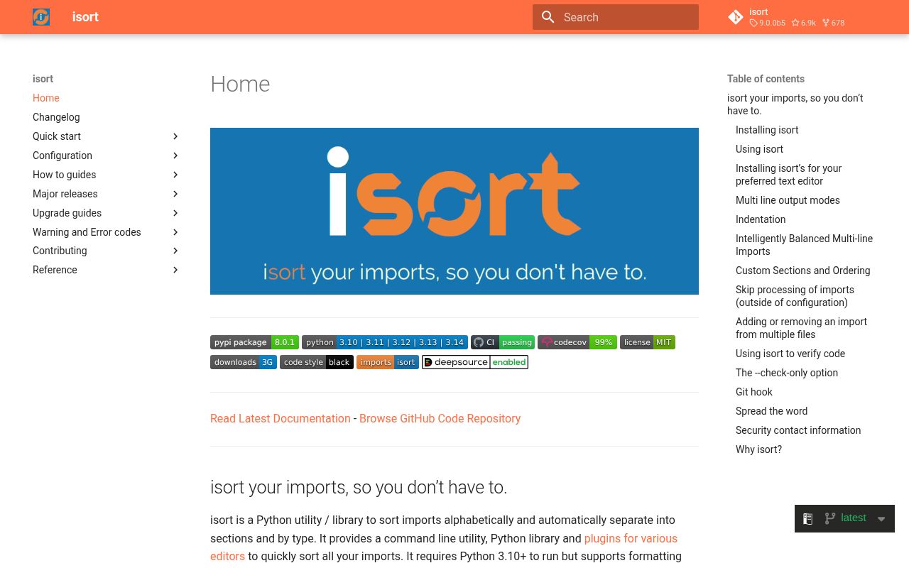 Screenshot of isort documentation