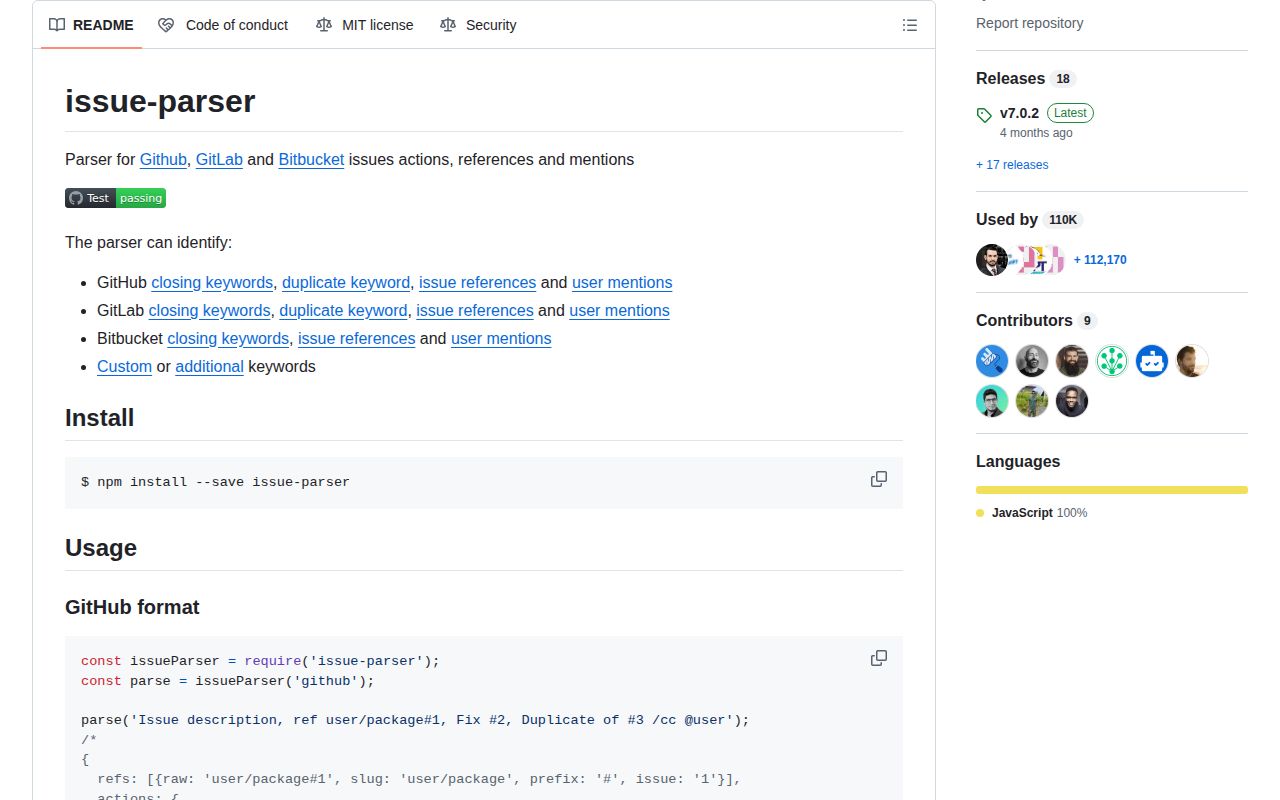 Screenshot of issue-parser documentation