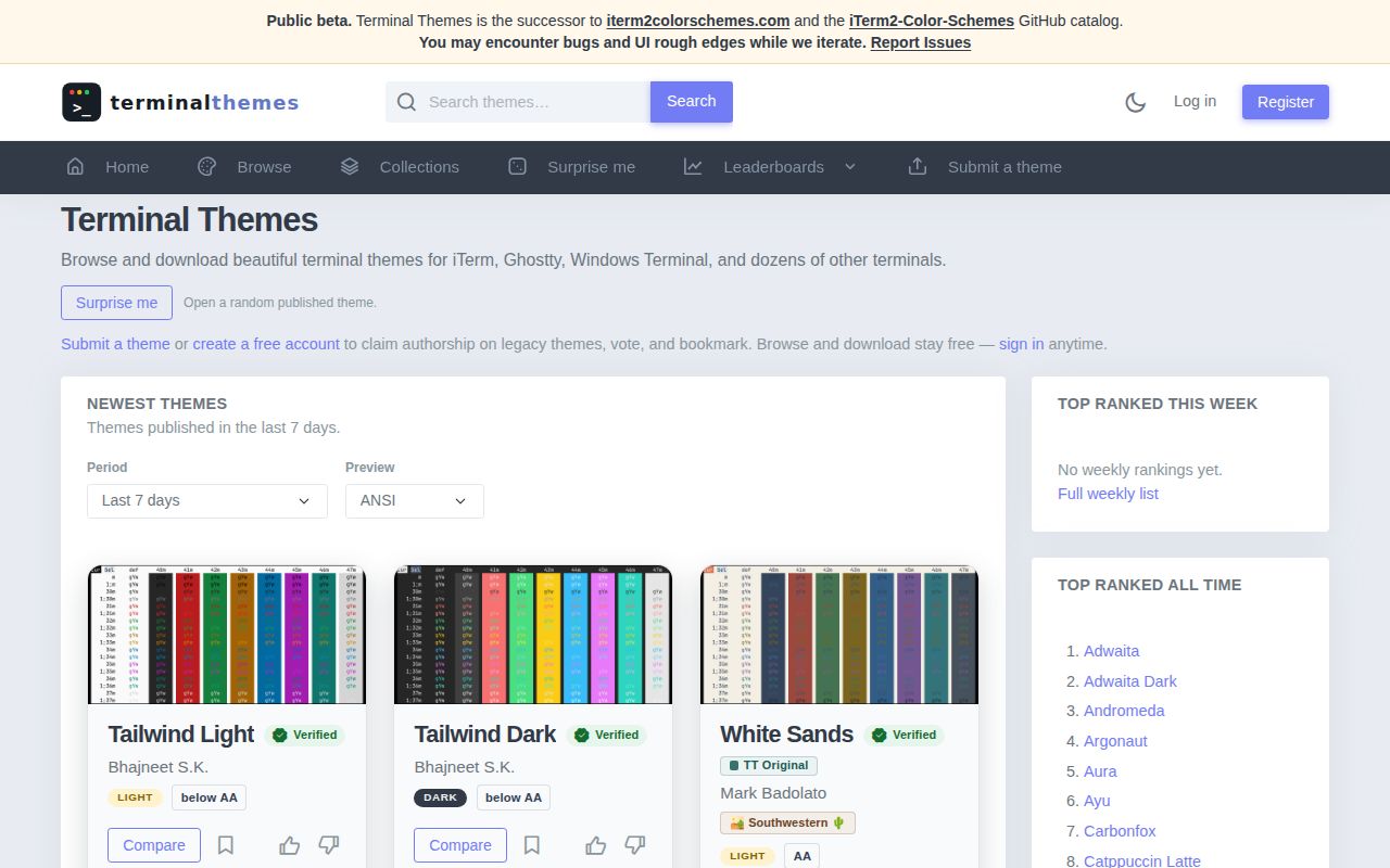 Screenshot of iTerm2-Color-Schemes (terminalthemes.com)