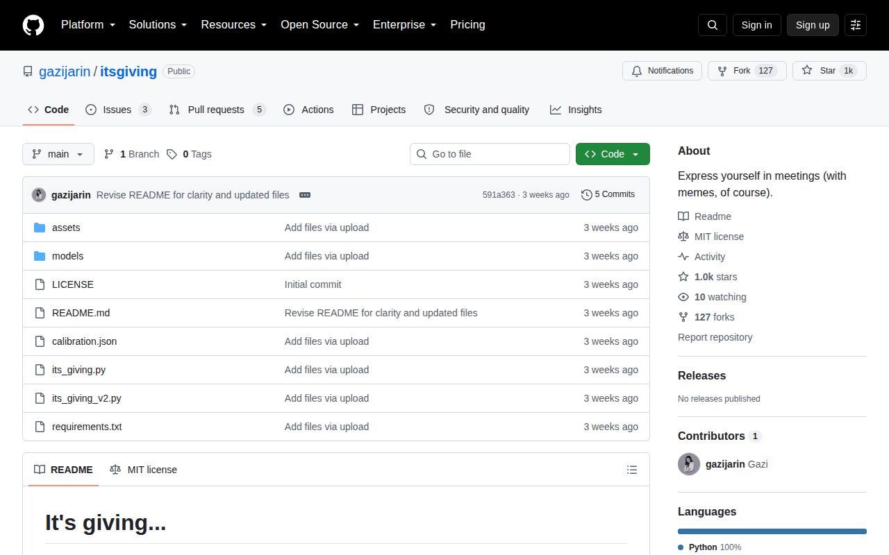 Screenshot of itsgiving (github.com/gazijarin/itsgiving)