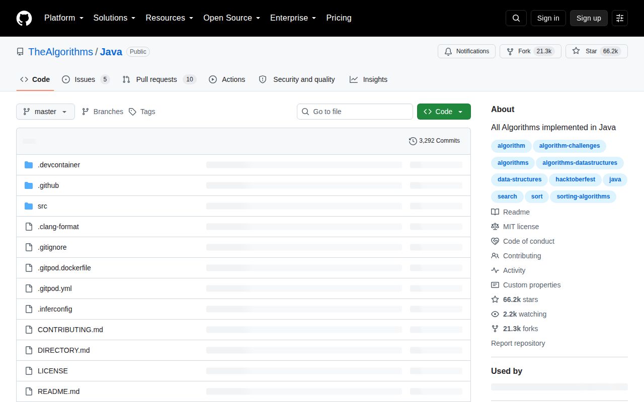 Screenshot of Java (github.com/TheAlgorithms/Java)