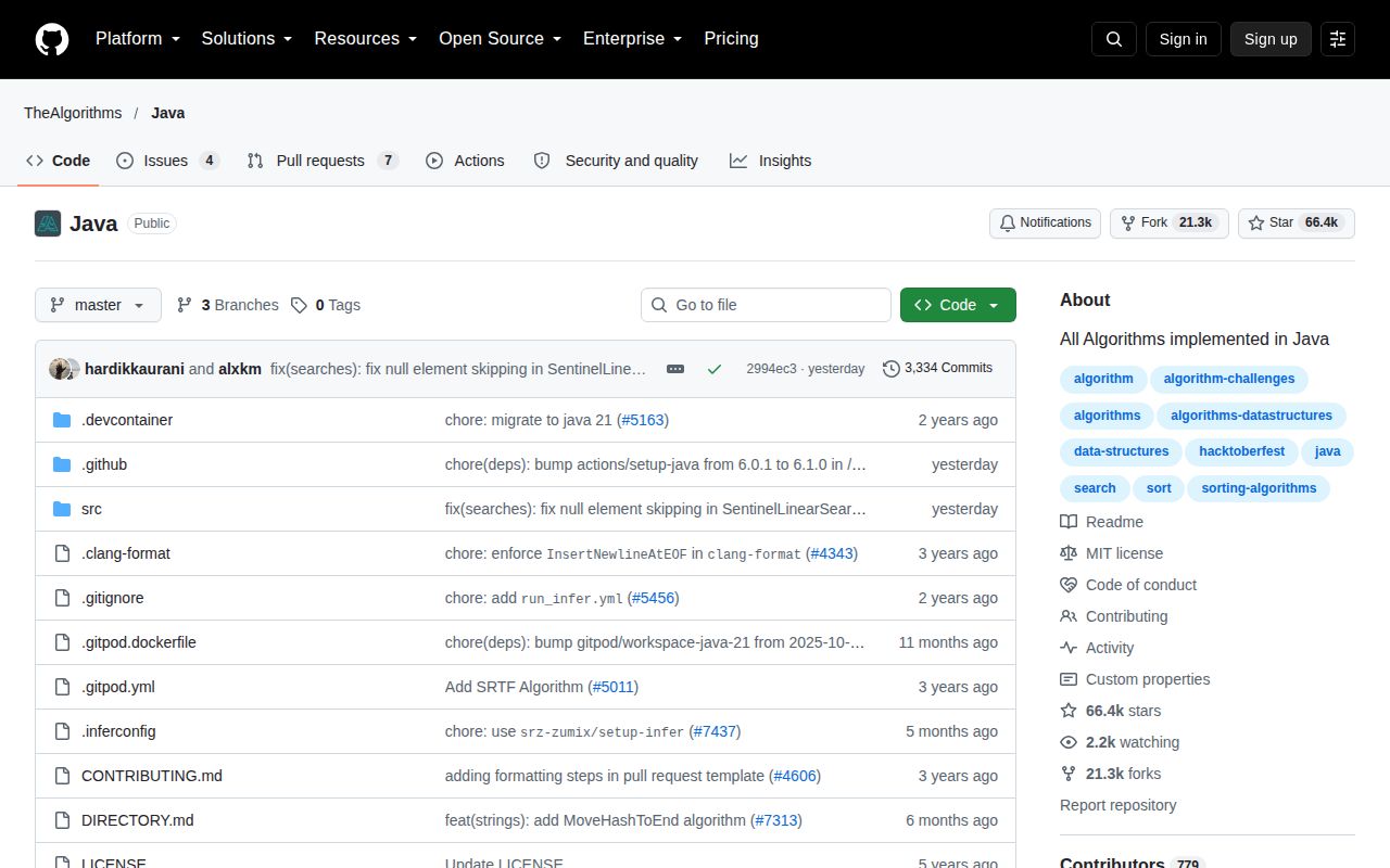 Screenshot of Java (github.com/TheAlgorithms/Java)