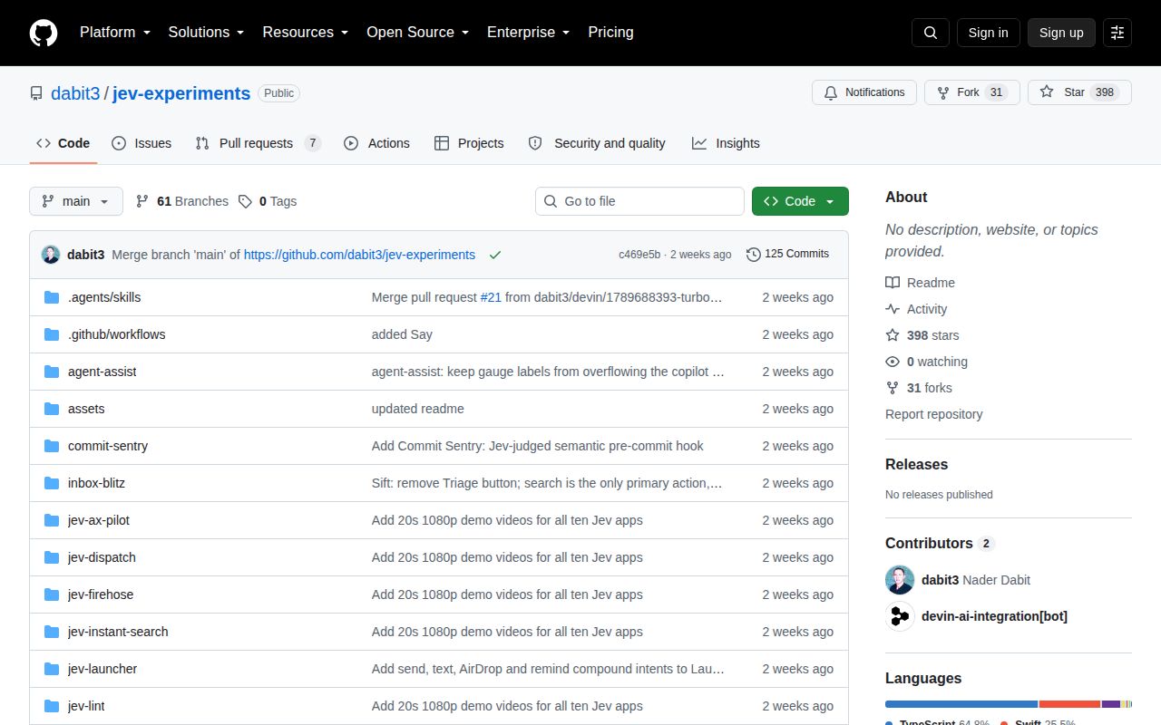 Screenshot of jev-experiments (github.com/dabit3/jev-experiments)