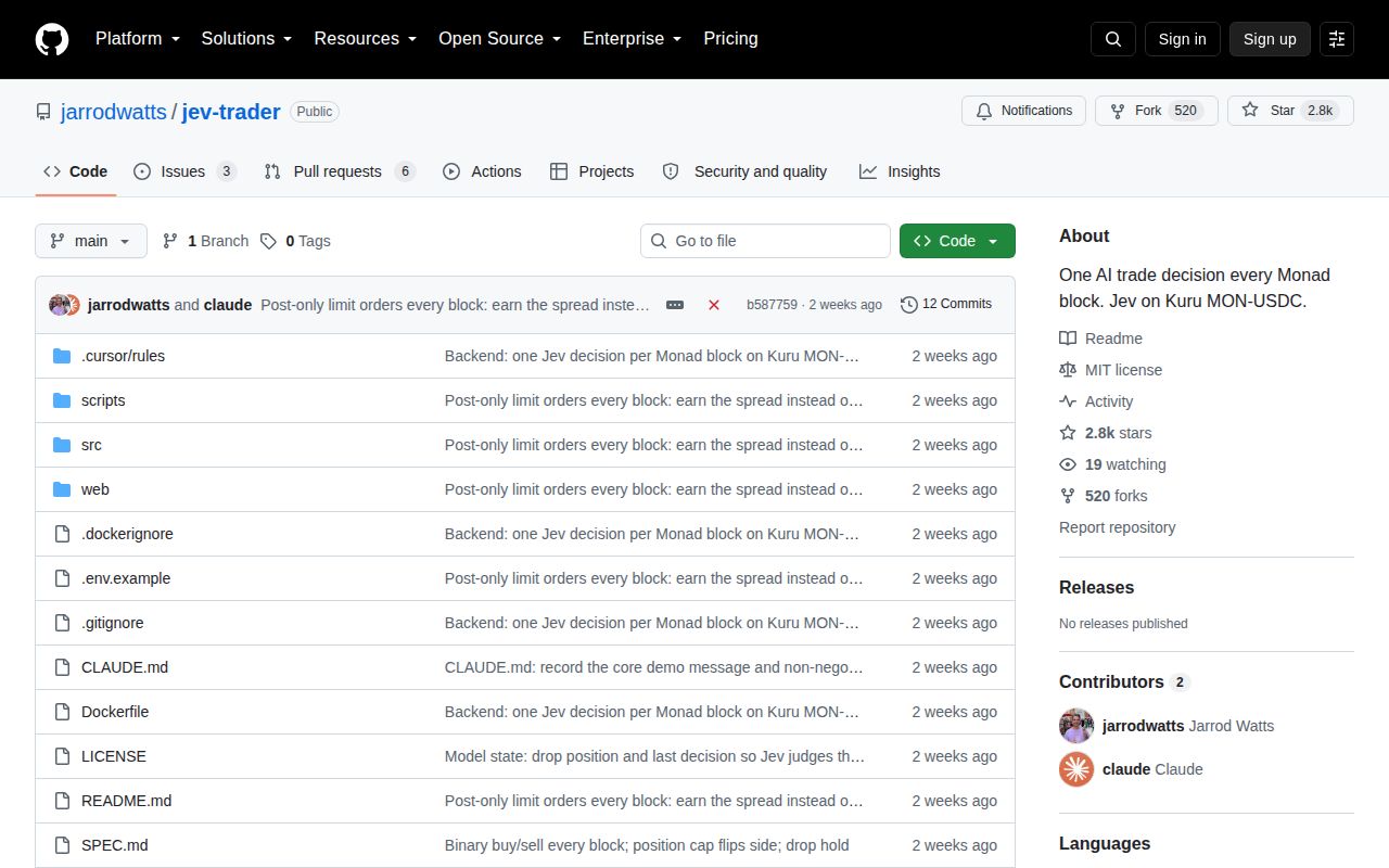 Screenshot of jev-trader (github.com/jarrodwatts/jev-trader)
