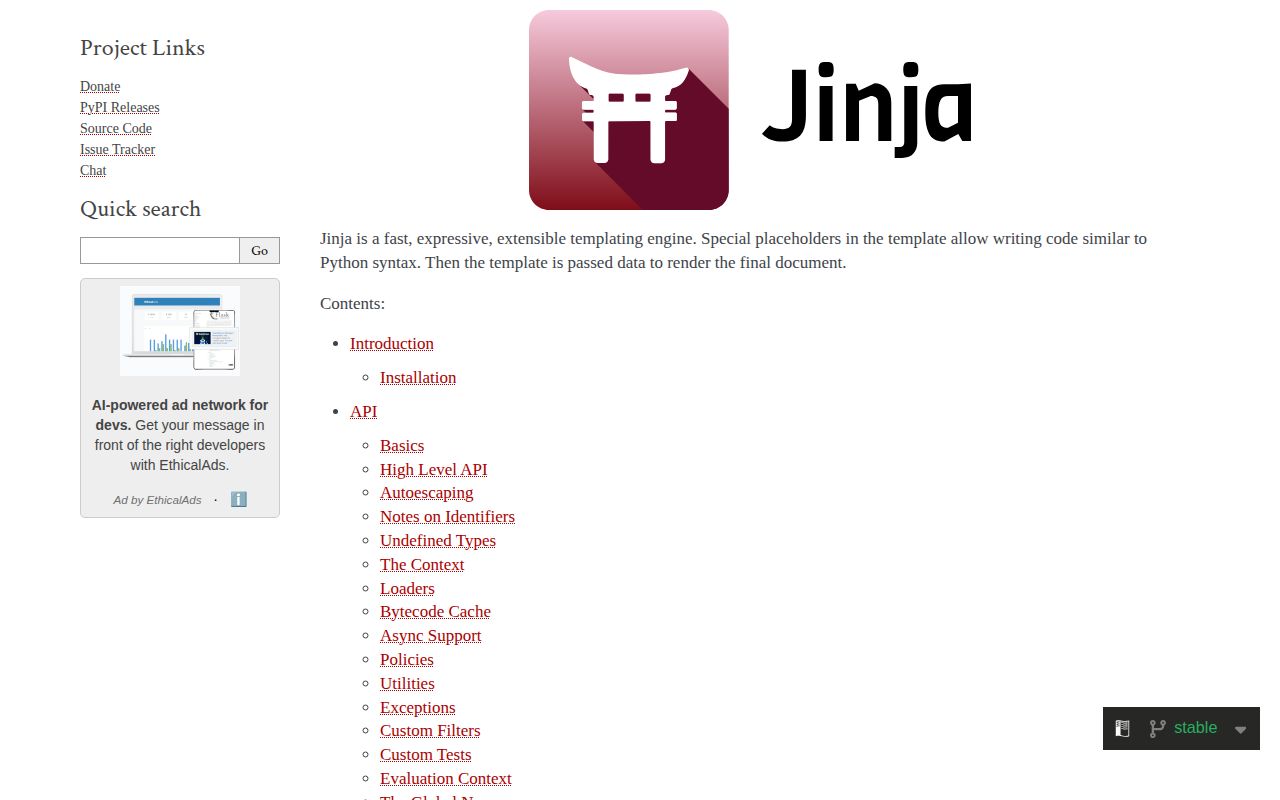 Screenshot of jinja2 documentation