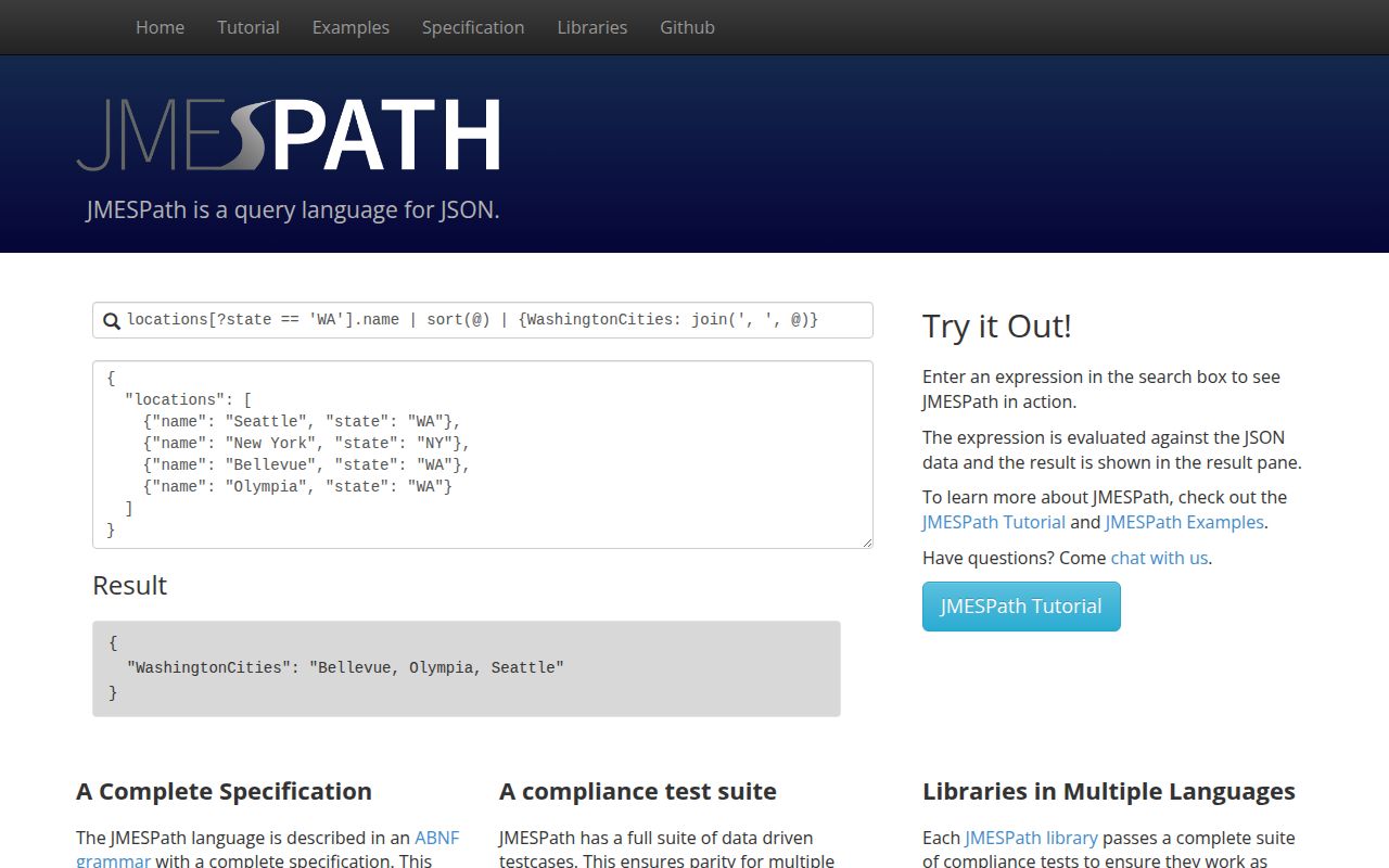 Screenshot of jmespath documentation
