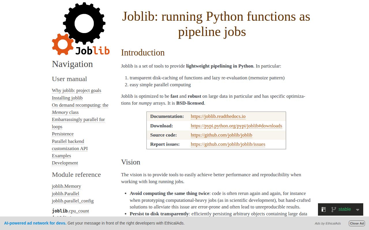 Screenshot of joblib documentation