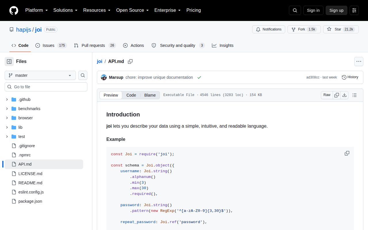 Screenshot of joi documentation
