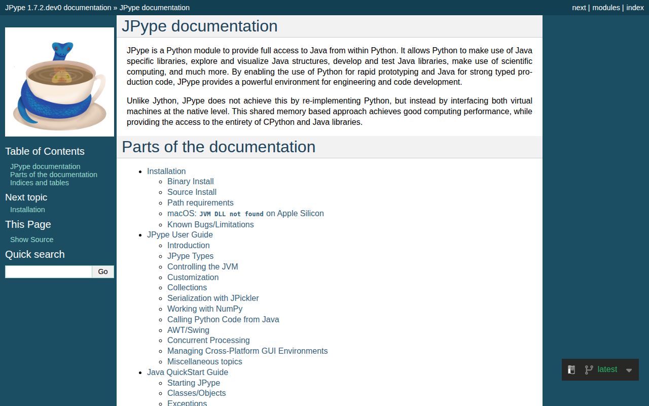 Screenshot of jpype1 documentation