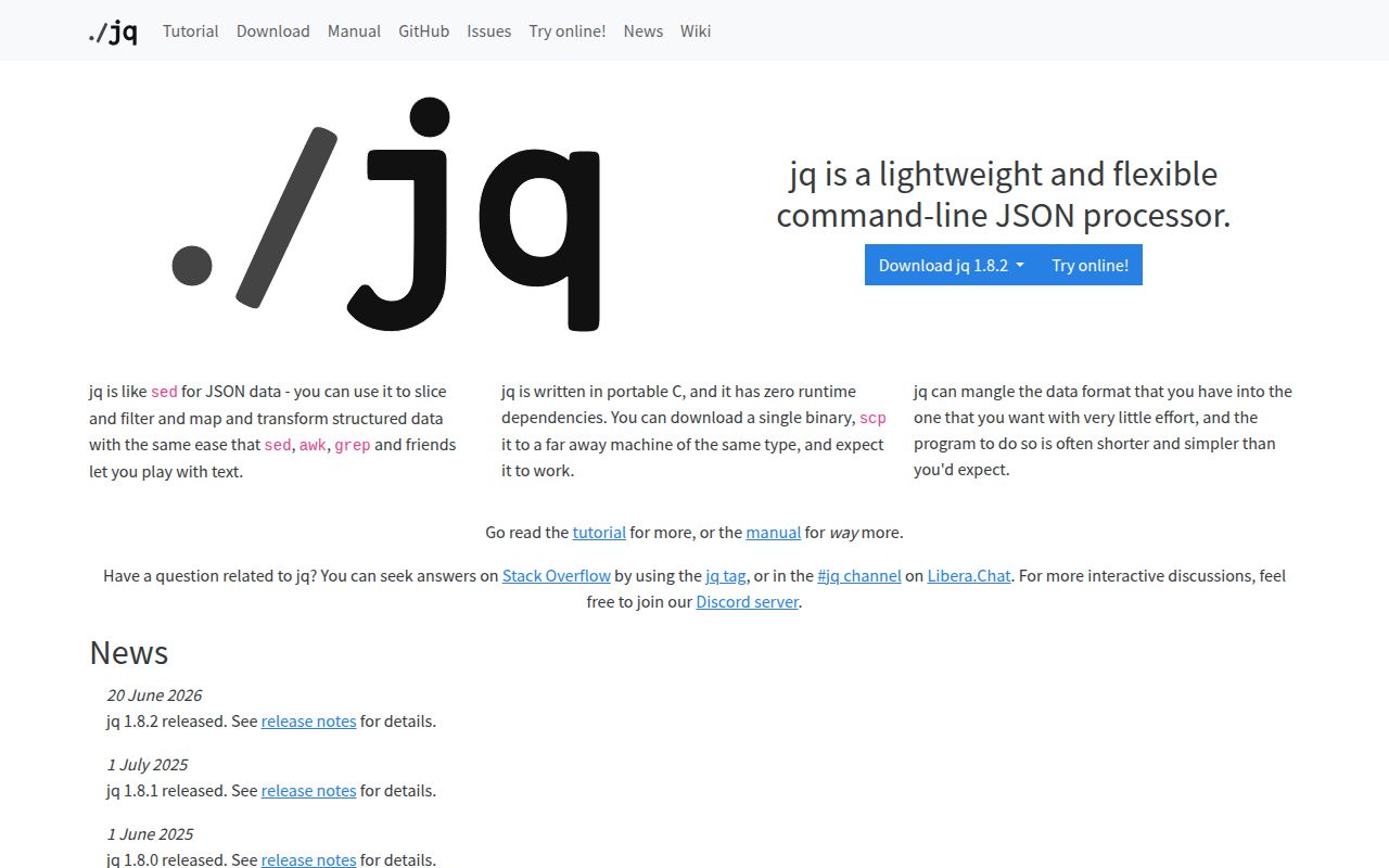 Screenshot of jq (jqlang.org)