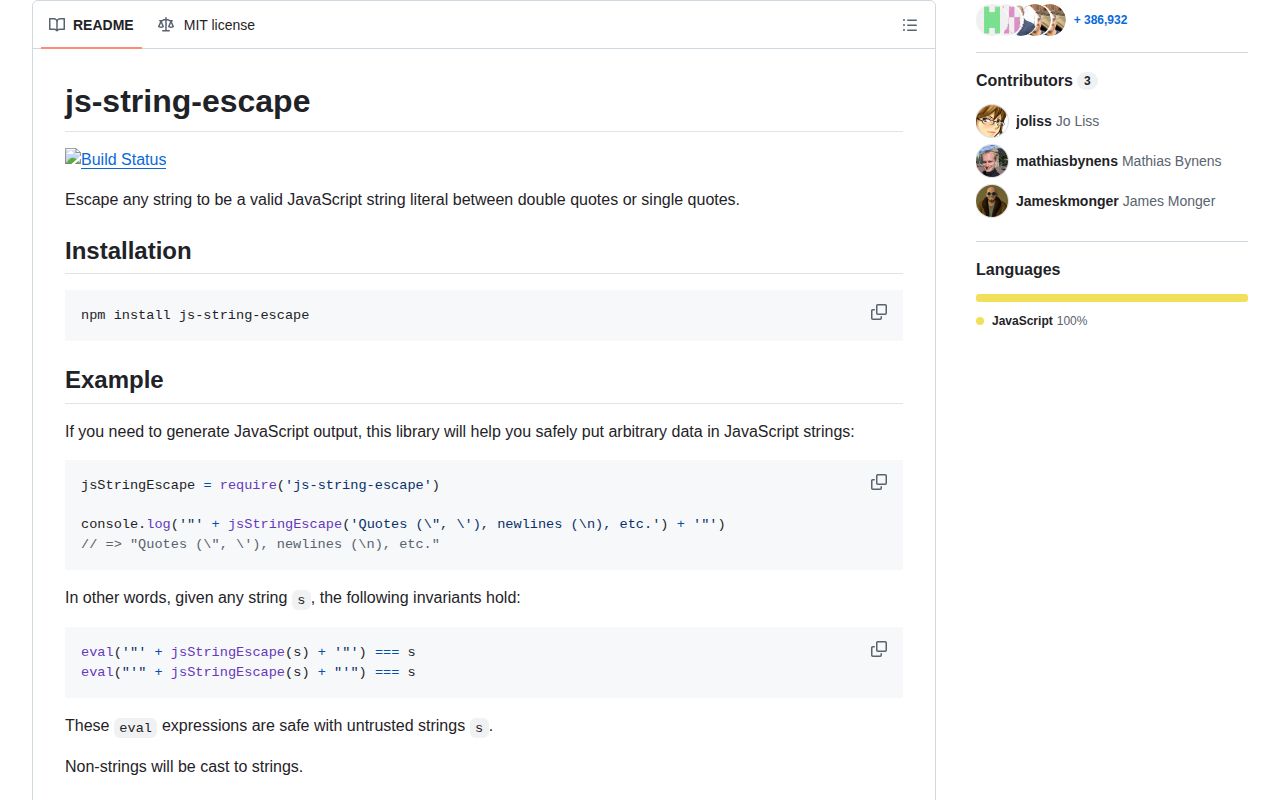 Screenshot of js-string-escape documentation