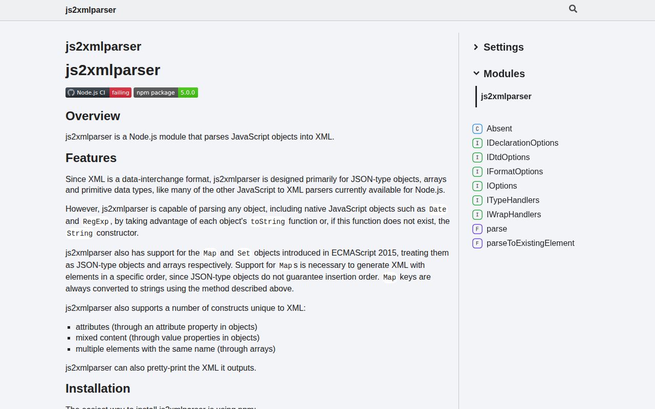 Screenshot of js2xmlparser documentation