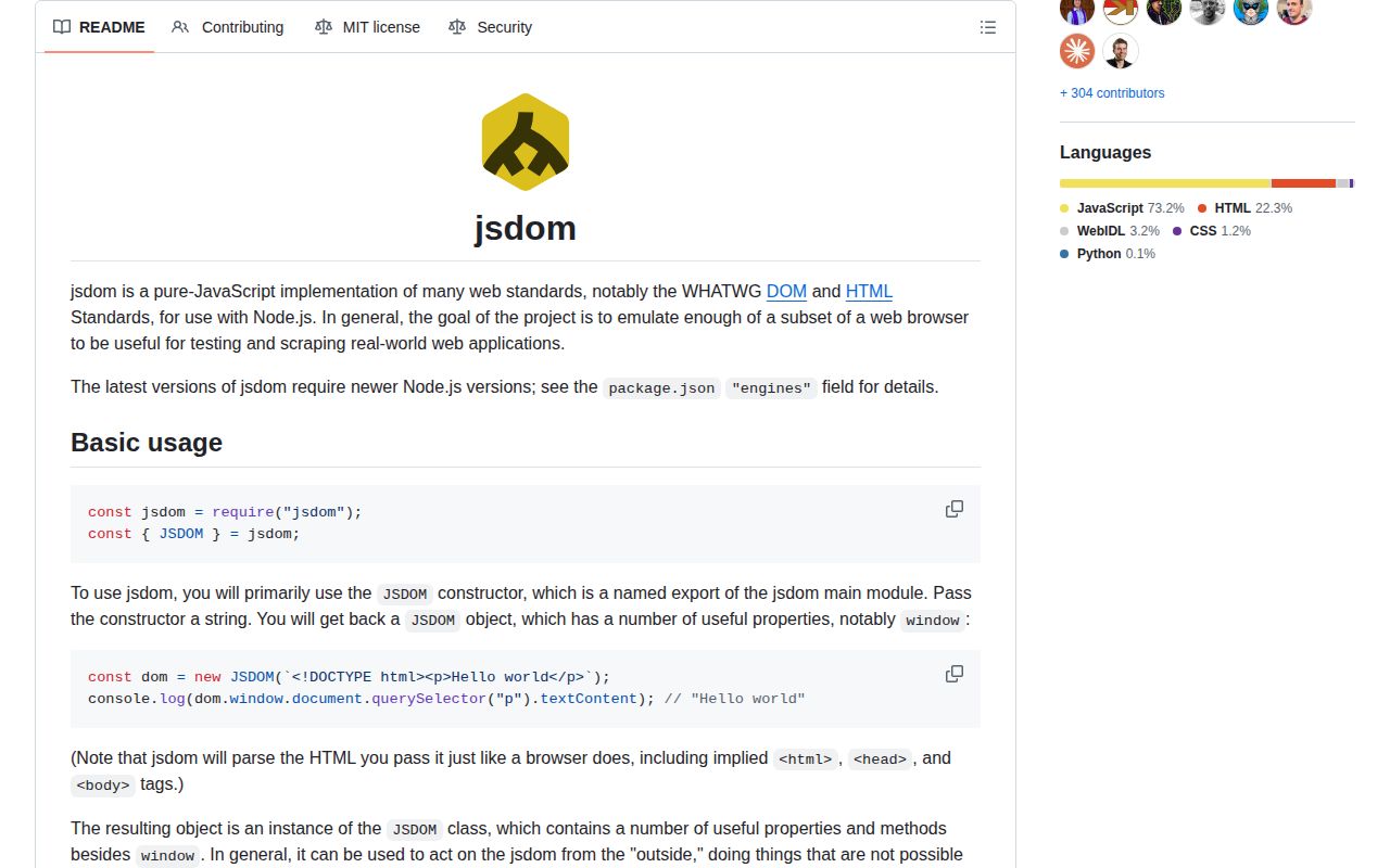 Screenshot of jsdom (github.com/jsdom/jsdom)