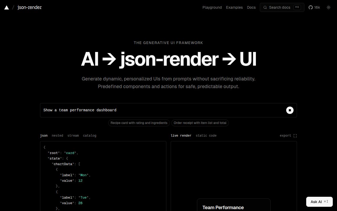 Screenshot of json-render (json-render.dev)