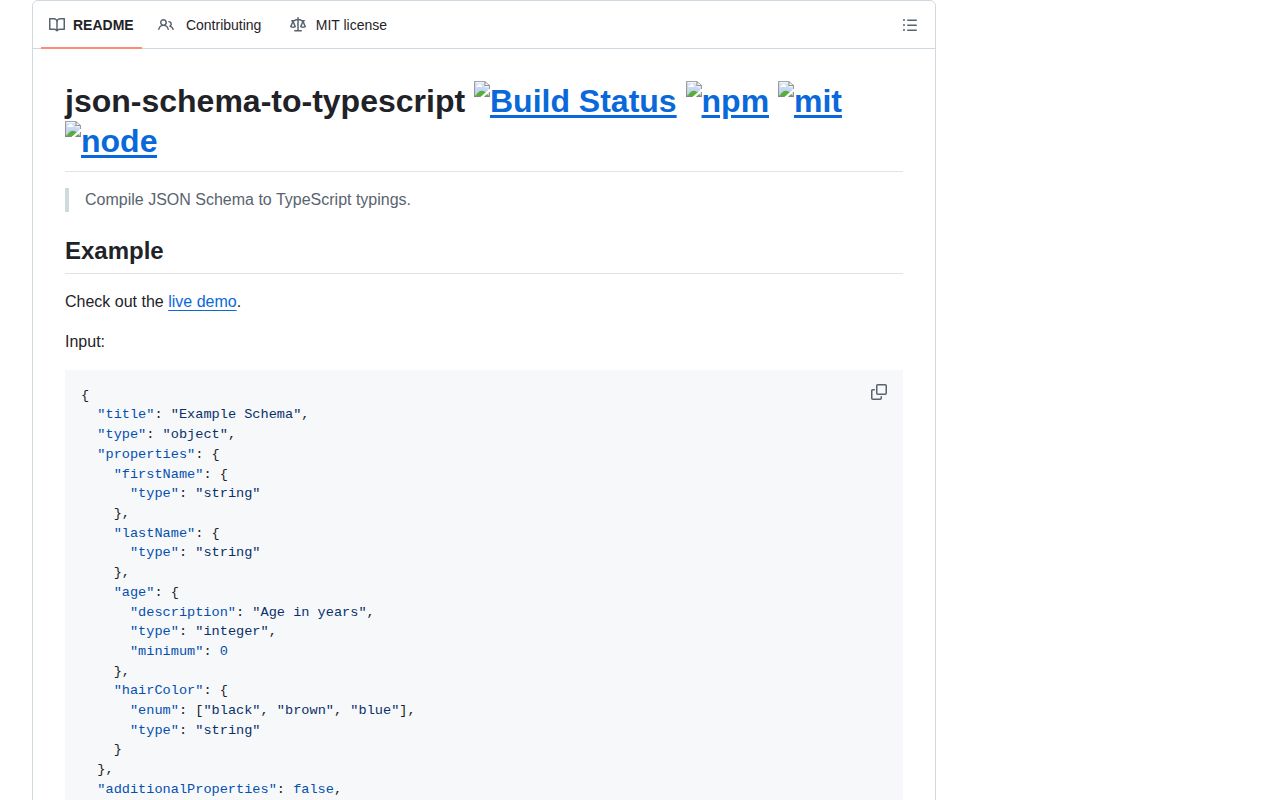 Screenshot of json-schema-to-typescript documentation