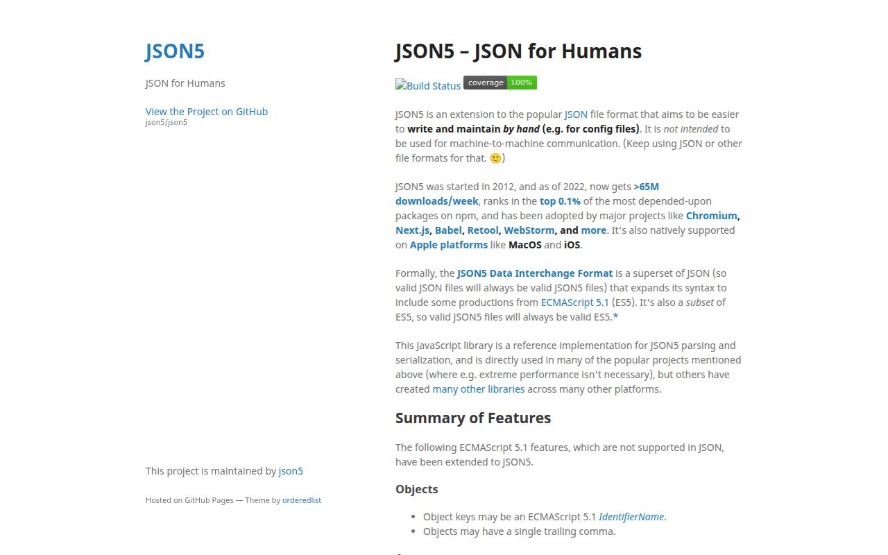 Screenshot of json5 documentation