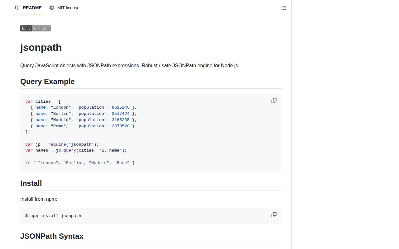 Screenshot of jsonpath documentation