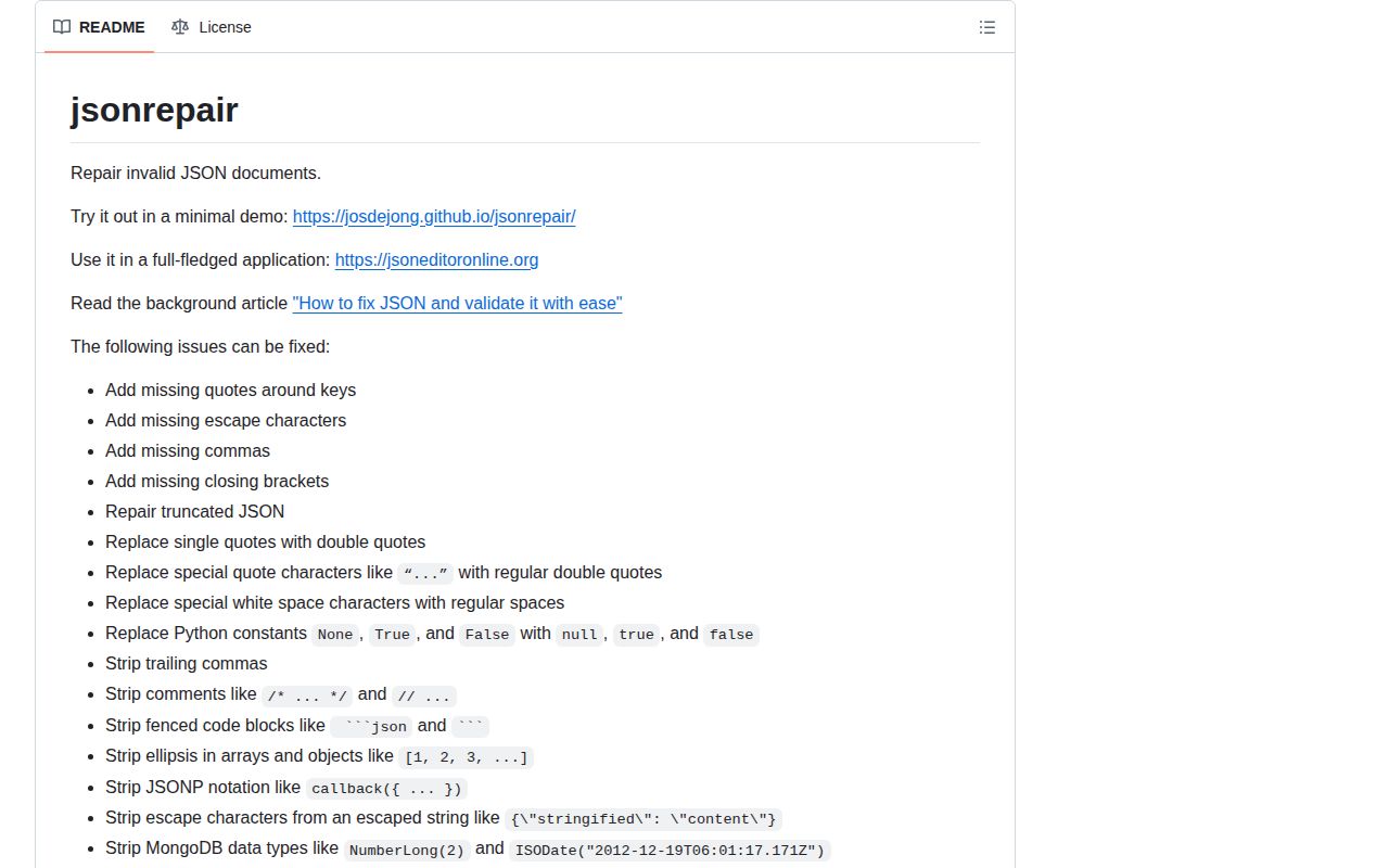 Screenshot of jsonrepair documentation