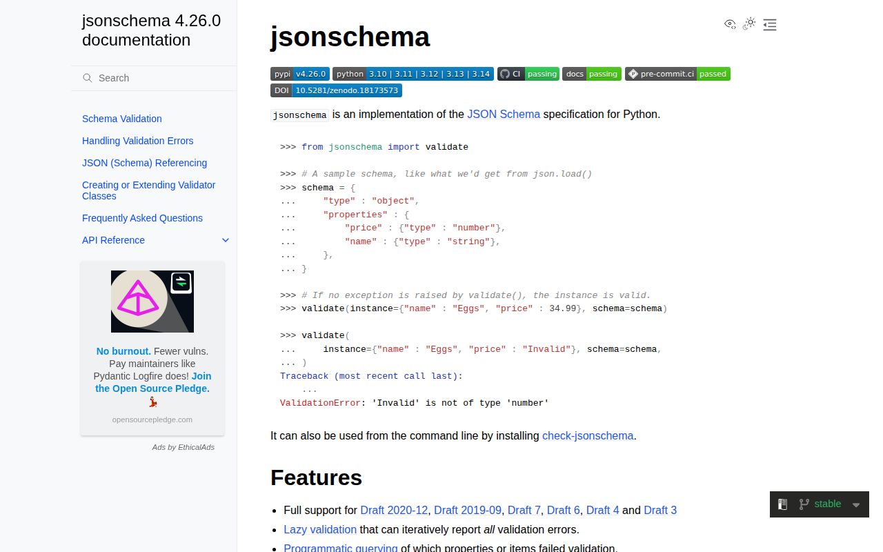 Screenshot of jsonschema documentation