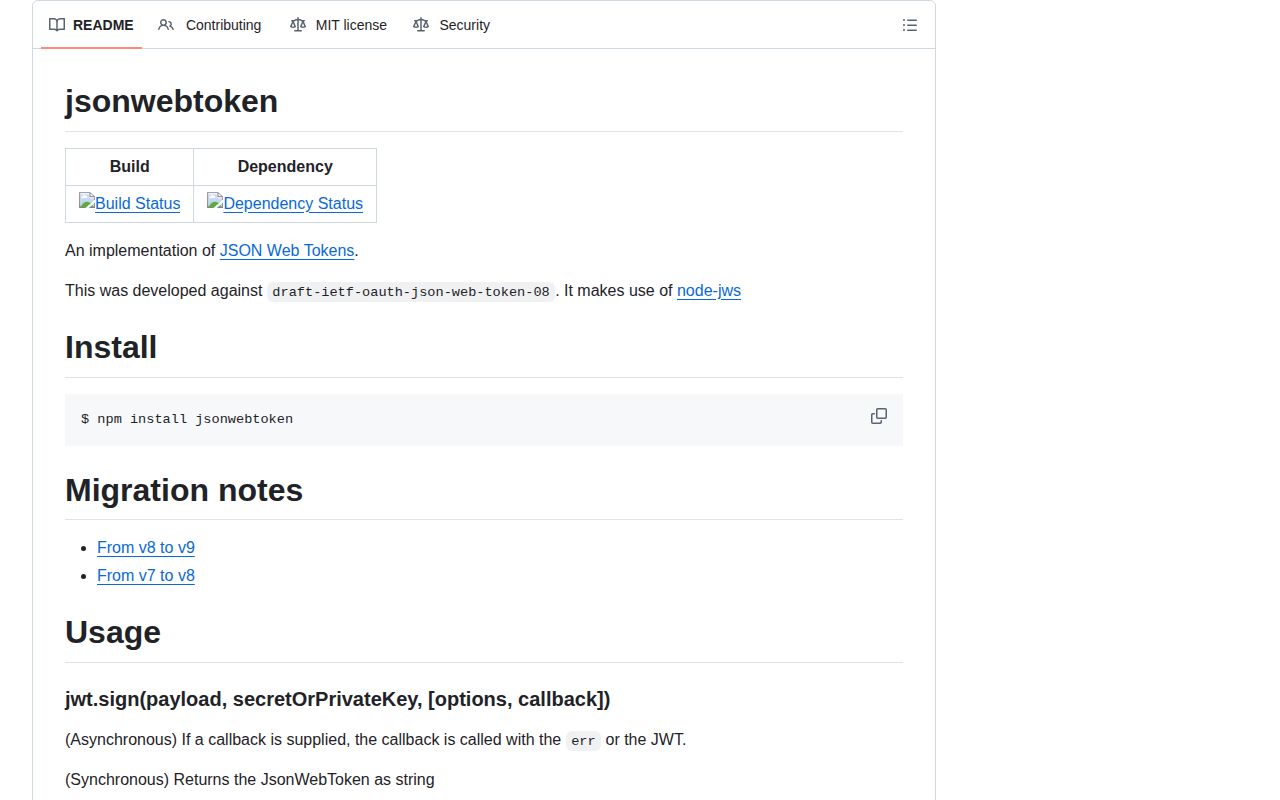 Screenshot of jsonwebtoken documentation