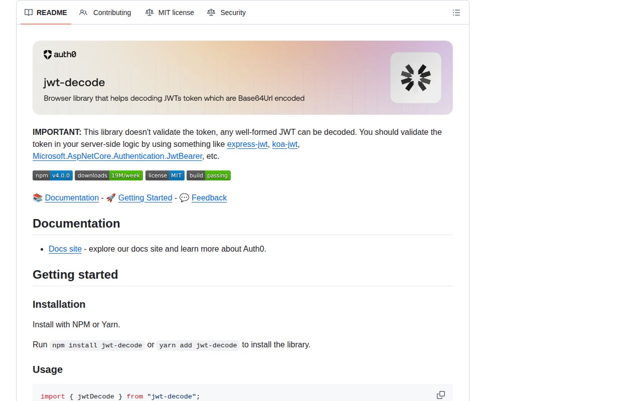 Screenshot of jwt-decode documentation