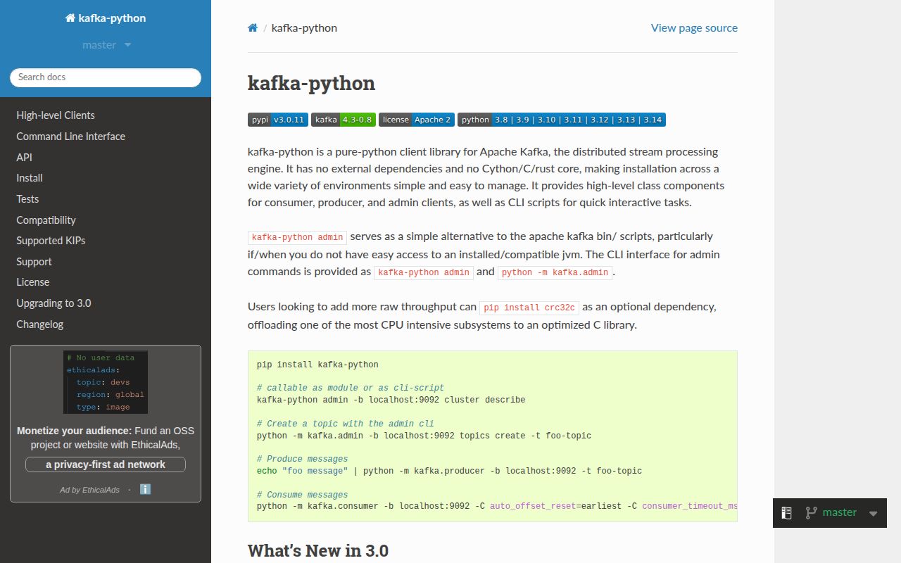 Screenshot of kafka-python documentation
