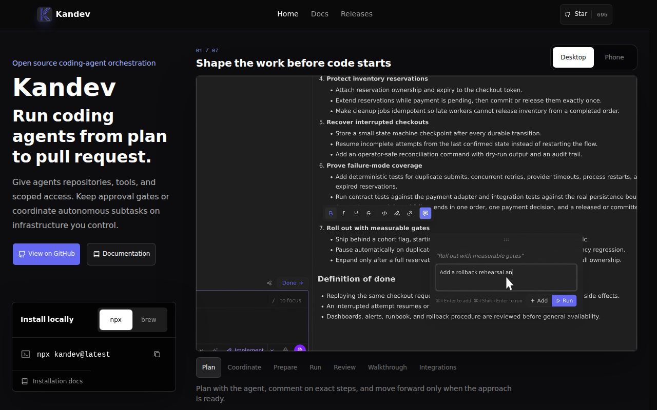 Screenshot of kandev (kandev.ai)